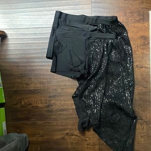 Double platinum short shorts with sequin skirt attachment.